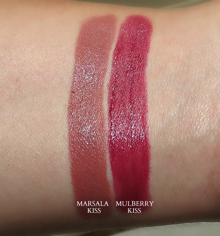 Honest Beauty Truly Kissable Lip Crayon swatches marsala kiss mulberry kiss